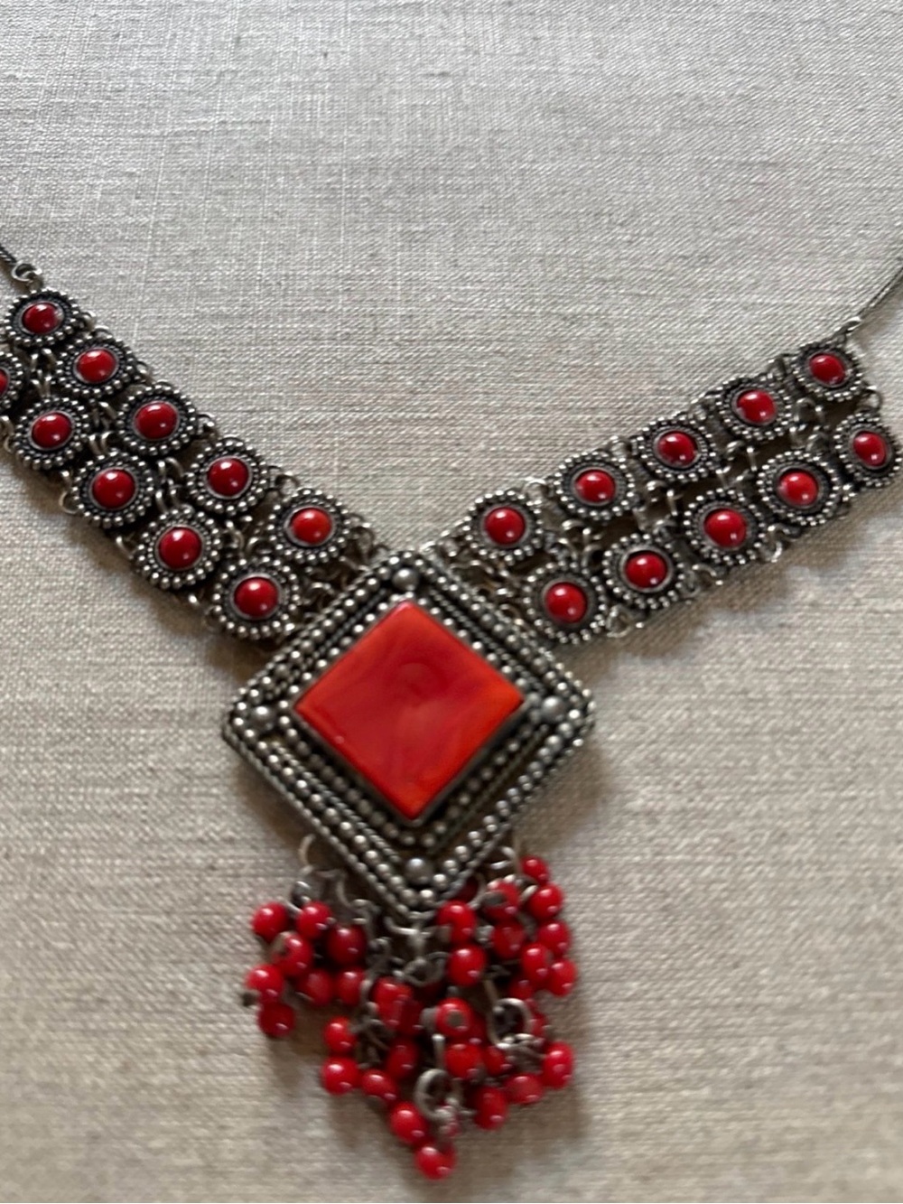 Vintage-Inspired Red Beaded Silver Statement Necklace